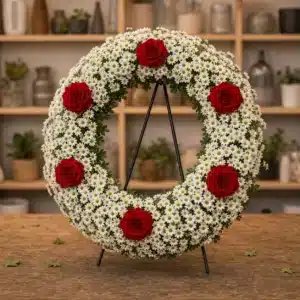 Coroana funerara rotunda cu crizantema alba si 6 trandafiri rosii pe toata circumferinta - poza 3