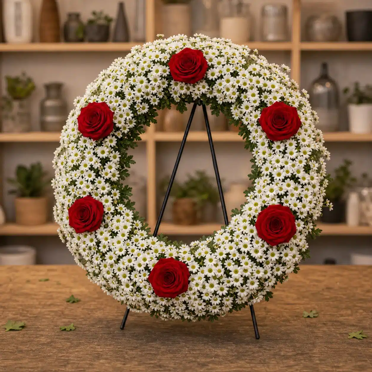 Coroana funerara rotunda cu crizantema alba si 6 trandafiri rosii pe toata circumferinta - poza 3