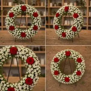 Coroana funerara rotunda cu crizantema alba si 6 trandafiri rosii pe toata circumferinta - poza 4