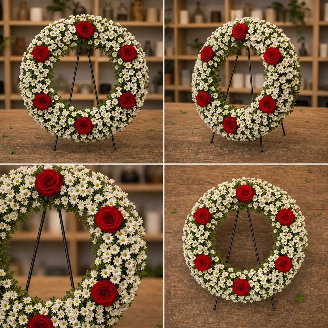 Coroana funerara rotunda cu crizantema alba si 6 trandafiri rosii pe toata circumferinta - poza 4