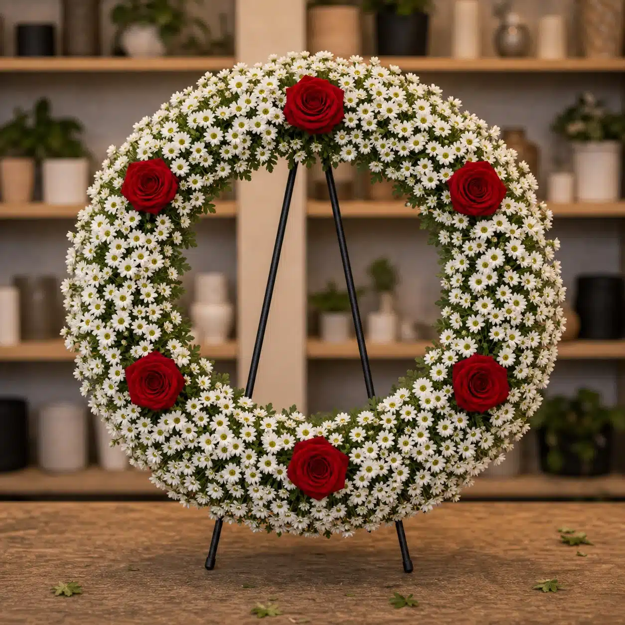 Coroana funerara rotunda cu crizantema alba si 6 trandafiri rosii distantati - poza 1