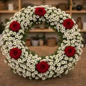 Coroana funerara rotunda cu crizantema alba si 6 trandafiri rosii distantati - poza 2