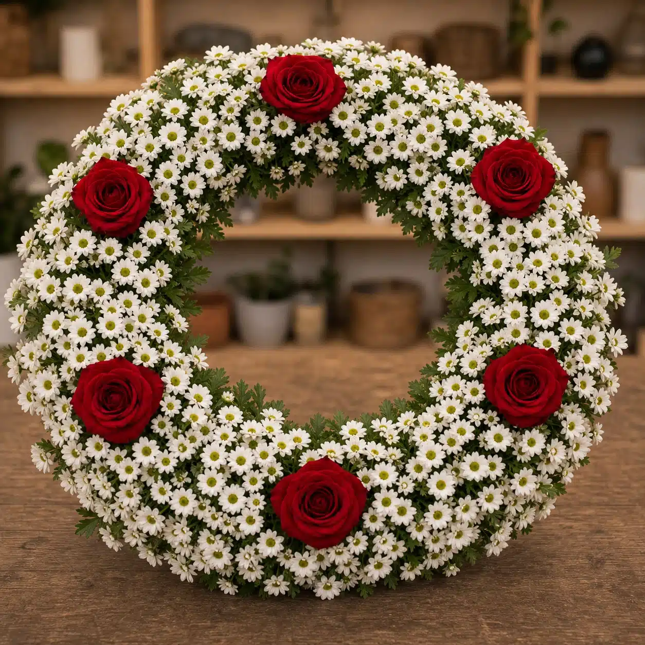 Coroana funerara rotunda cu crizantema alba si 6 trandafiri rosii distantati - poza 2