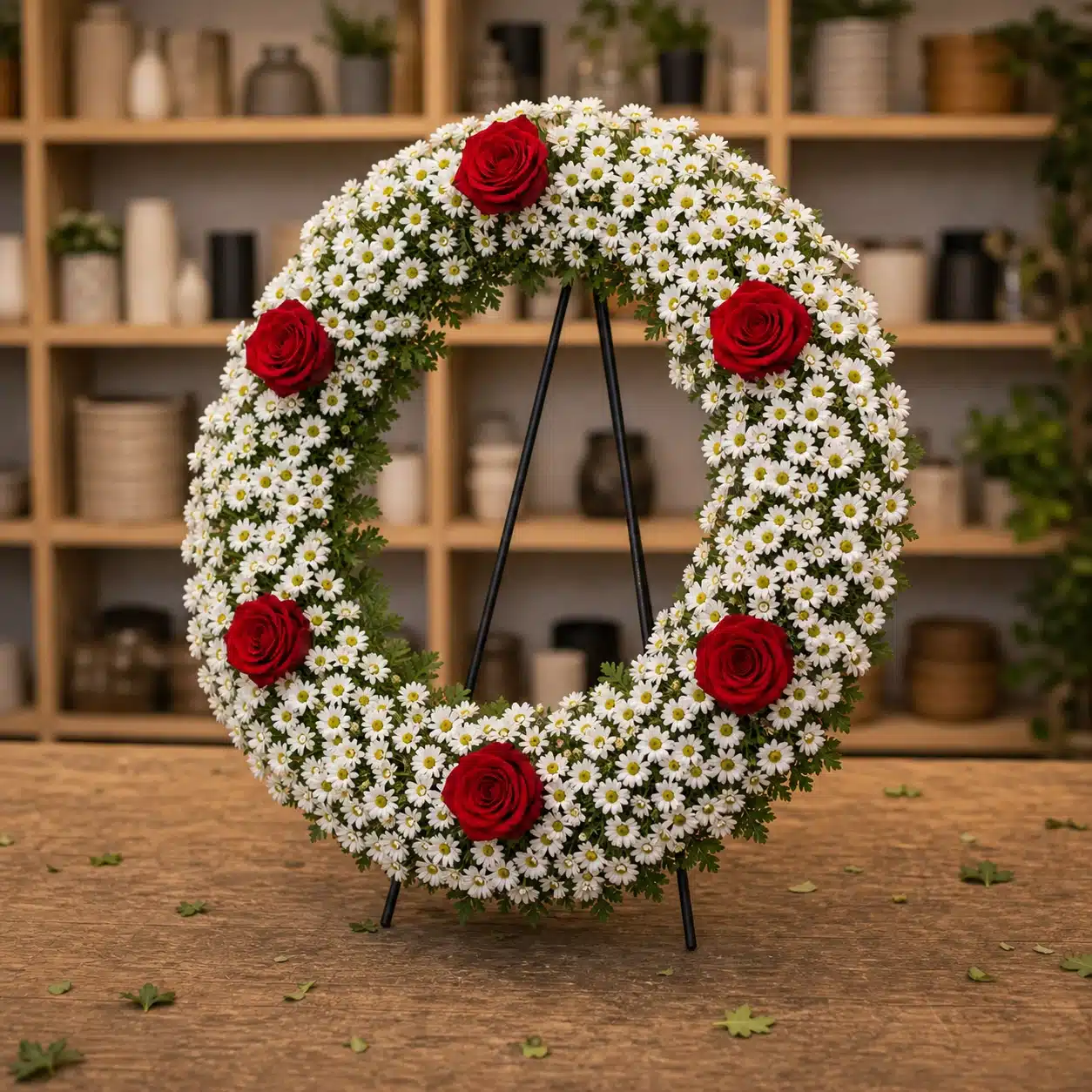 Coroana funerara rotunda cu crizantema alba si 6 trandafiri rosii distantati - poza 3