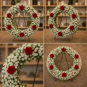 Coroana funerara rotunda cu crizantema alba si 6 trandafiri rosii distantati - poza 4