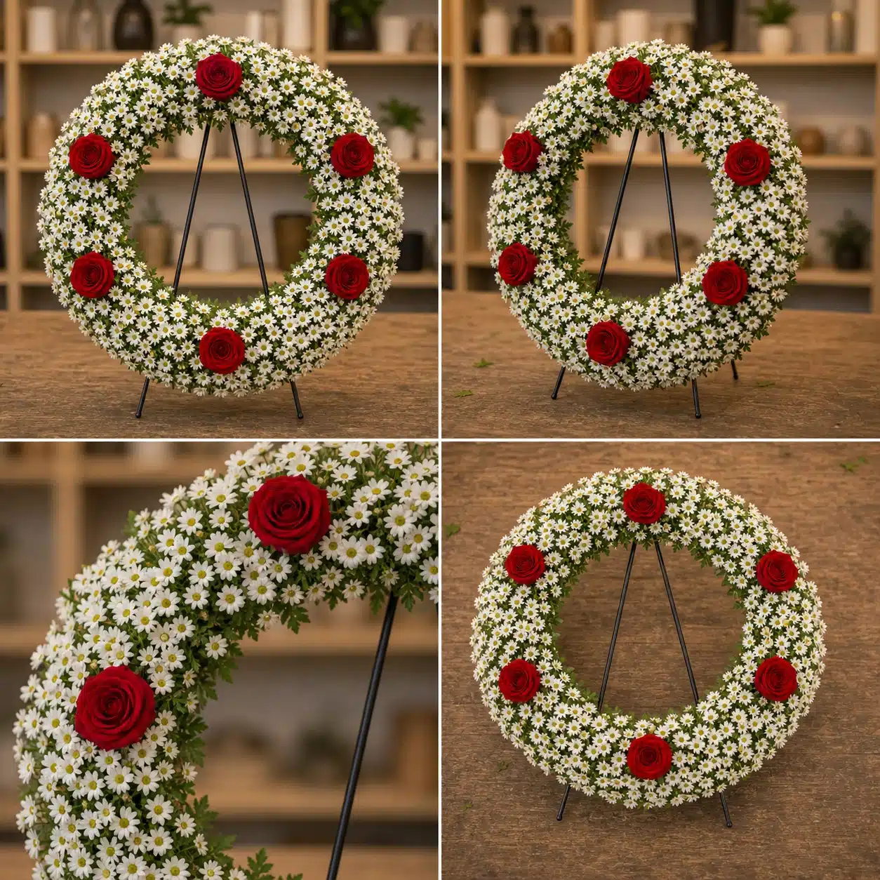 Coroana funerara rotunda cu crizantema alba si 6 trandafiri rosii distantati - poza 4
