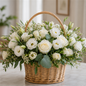 Coș Acasă București White Tea cu Lisianthus și Mini Garoafe - imagine 1