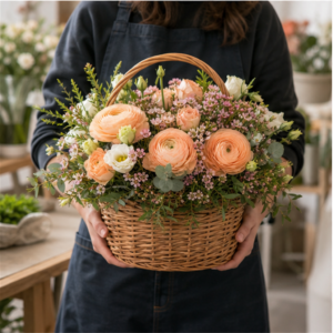 Coș Flori la Domiciliu Piersică Blândă cu Ranunculus și Wax Flower - imagine 3