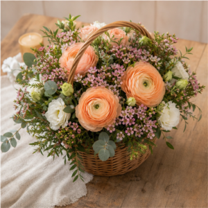 Coș Flori la Domiciliu Piersică Blândă cu Ranunculus și Wax Flower - imagine 4