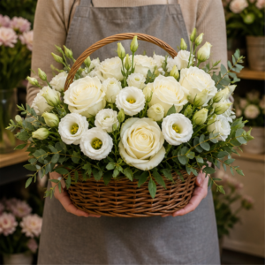 Coș la Domiciliu White Tea cu Lisianthus și Trandafiri Albi - imagine 3