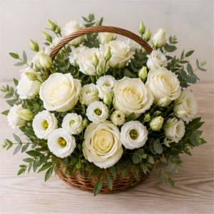 Coș la Domiciliu White Tea cu Lisianthus și Trandafiri Albi - imagine 4