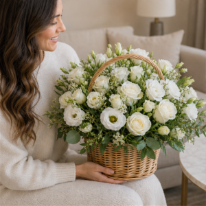 Coș Livrare Domiciliu București White Tea cu Lisianthus și Trandafiri Albi - imagine 3