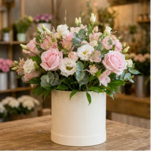 Cutie Aranjament Floral pastel cu trandafiri si lisianthus - poza 1