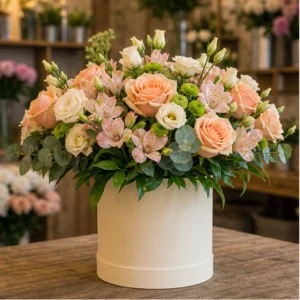 Cutie Aranjament Floral piersica si crem - poza 1