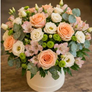 Cutie Aranjament Floral piersica si crem - poza 2