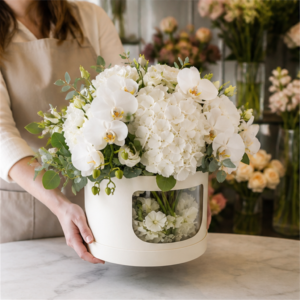 Cutie Flori Acasă Pearl Window cu Orhidee și Hortensie Albă - imagine 3
