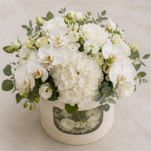 Cutie Flori Acasă Pearl Window cu Orhidee și Hortensie Albă - imagine 4