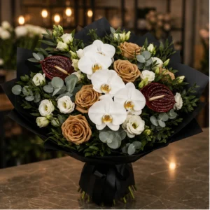 Buchet Flori de Lux Imperial Noir cu Orhidee și Trandafiri Toffee - imagine 1
