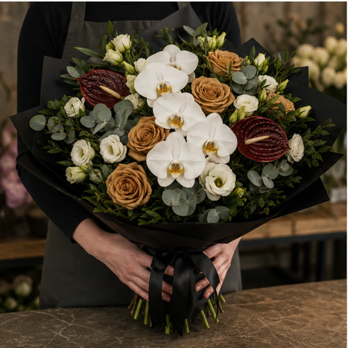 Buchet Flori de Lux Imperial Noir cu Orhidee și Trandafiri Toffee - imagine 3