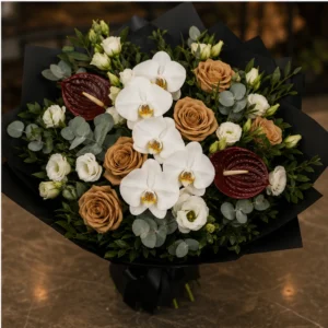 Buchet Flori de Lux Imperial Noir cu Orhidee și Trandafiri Toffee - imagine 4