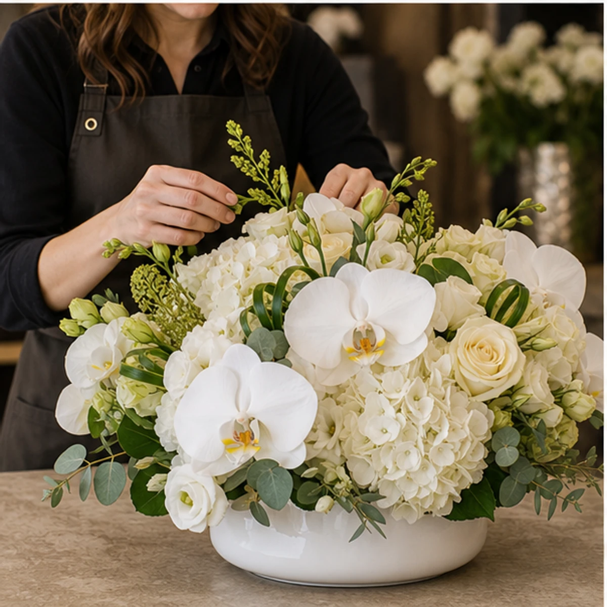 Aranjament Flori de Lux White Gallery cu Phalaenopsis și Hortensie - imagine 3