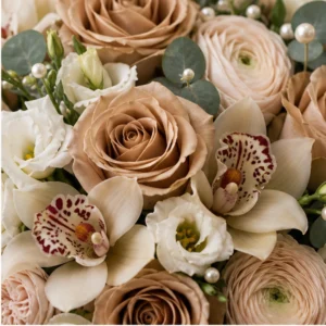 Cutie Flori de Lux Velvet Pearl cu Trandafiri Cappuccino și Mini Cymbidium - imagine 2