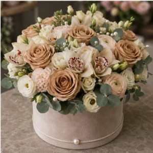 Cutie Flori de Lux Velvet Pearl cu Trandafiri Cappuccino și Mini Cymbidium - imagine 4