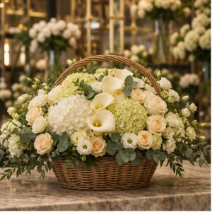 Coș Flori de Lux Champagne Garden cu Cale și Hortensii - imagine 1