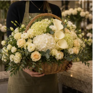 Coș Flori de Lux Champagne Garden cu Cale și Hortensii - imagine 3