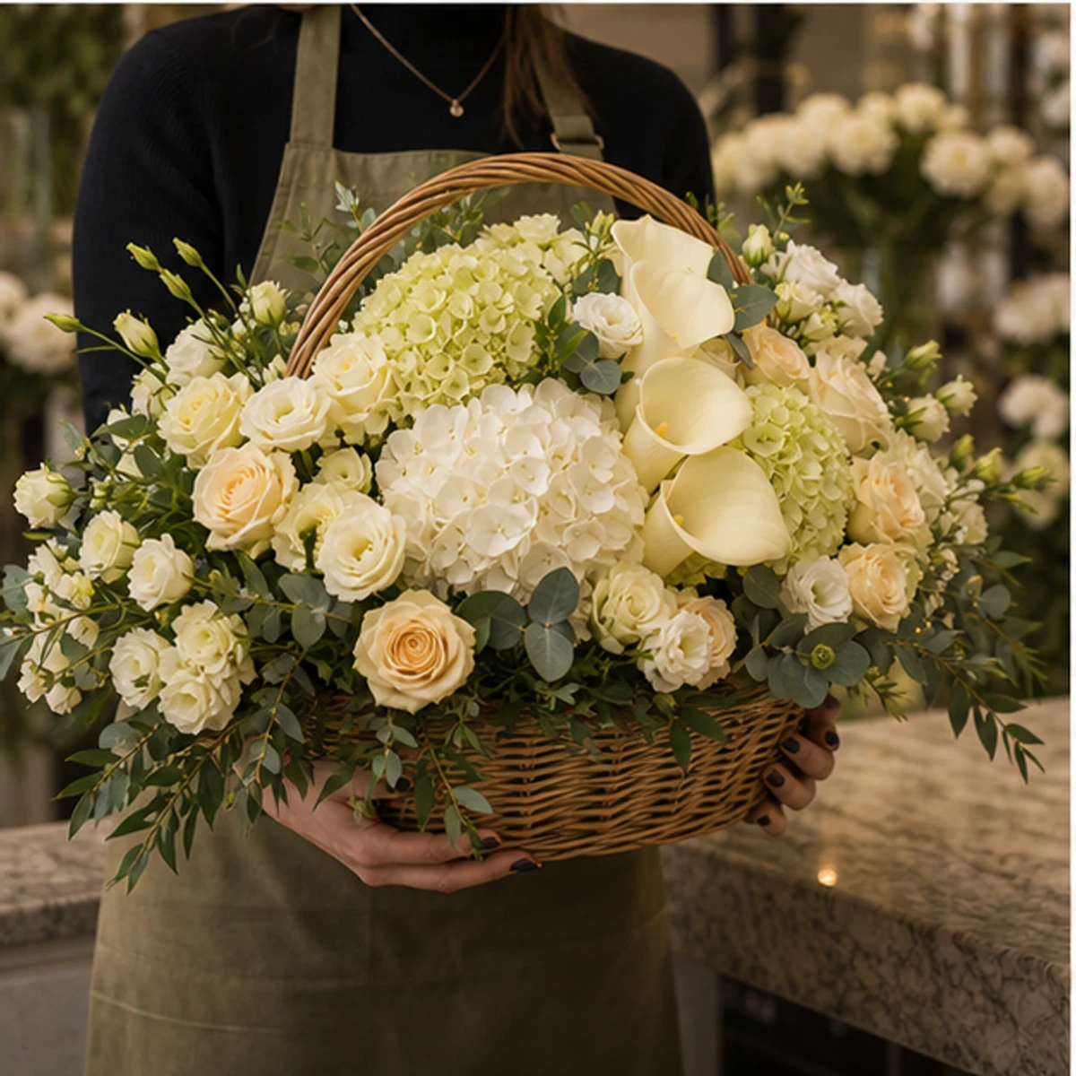 Coș Flori de Lux Champagne Garden cu Cale și Hortensii - imagine 3
