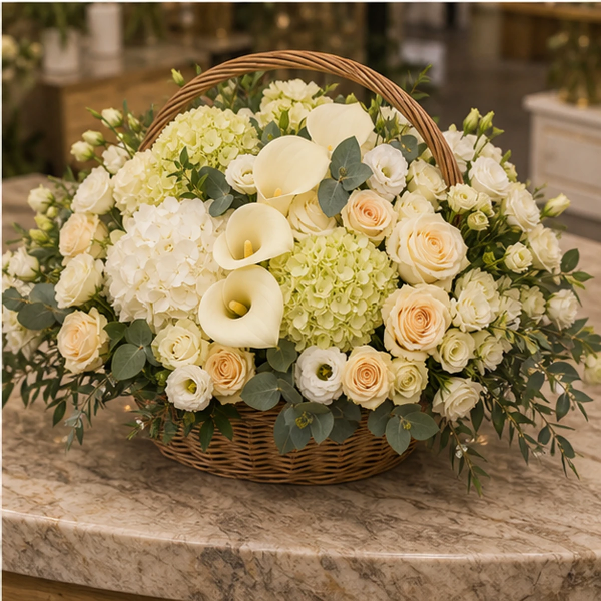 Coș Flori de Lux Champagne Garden cu Cale și Hortensii - imagine 4