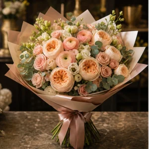 Buchet Flori de Lux Rose Gold cu Ranunculus și Trandafiri Garden - imagine 1