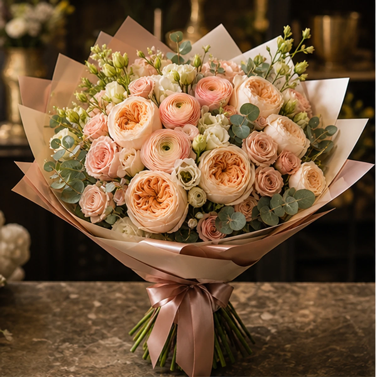 Buchet Flori de Lux Rose Gold cu Ranunculus și Trandafiri Garden - imagine 1