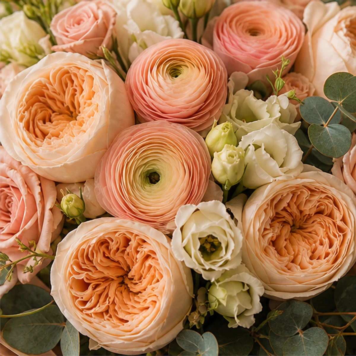 Buchet Flori de Lux Rose Gold cu Ranunculus și Trandafiri Garden - imagine 2