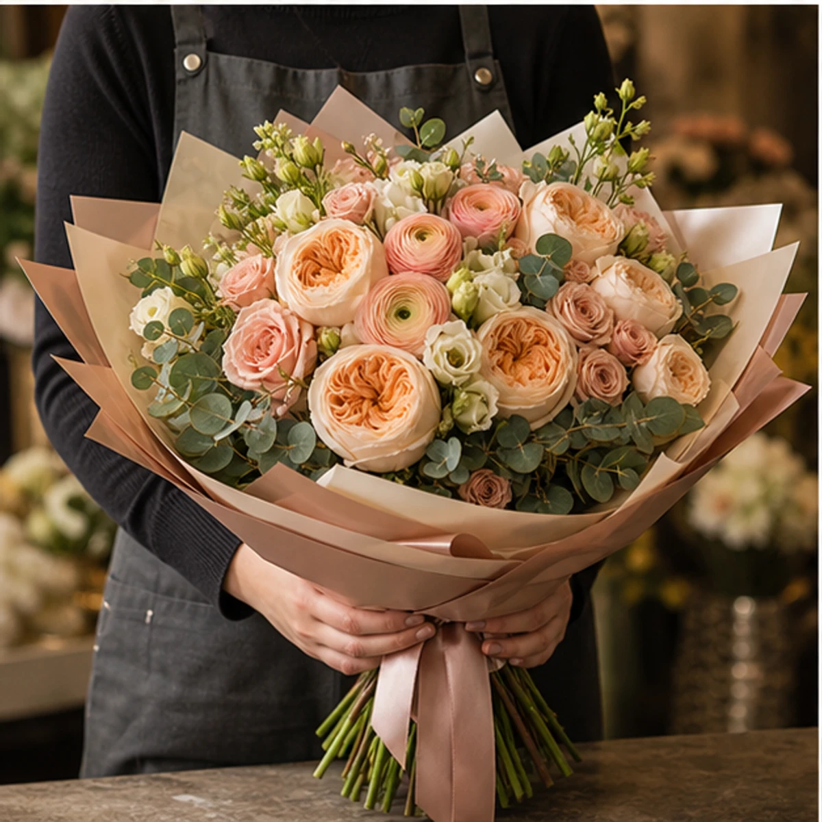 Buchet Flori de Lux Rose Gold cu Ranunculus și Trandafiri Garden - imagine 3