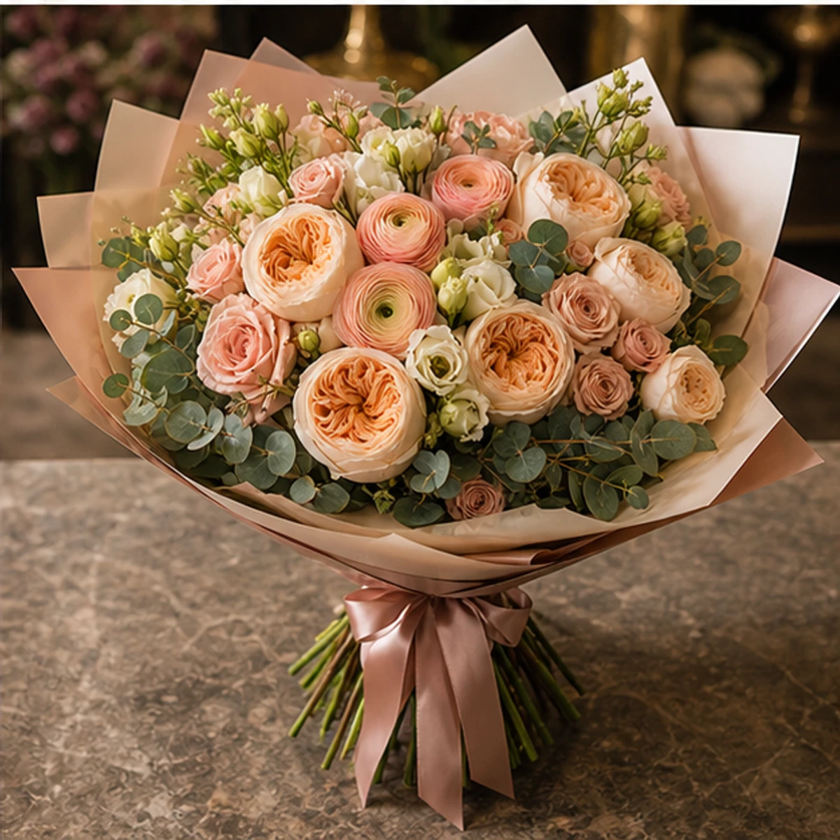 Buchet Flori de Lux Rose Gold cu Ranunculus și Trandafiri Garden - imagine 4