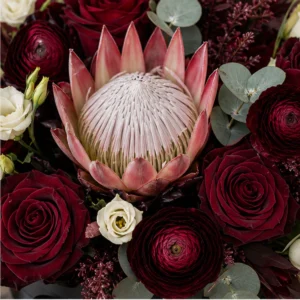 Cutie Flori de Lux Black Tie cu Protea și Trandafiri Burgundy - imagine 2