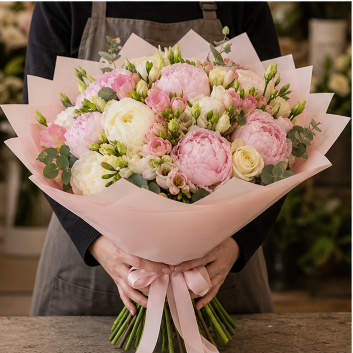 Buchet Flori de Lux Monaco Pastel cu Peonii și Frezii - imagine 3