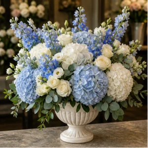 Aranjament Flori de Lux Versailles cu Hortensii și Delphinium - imagine 1