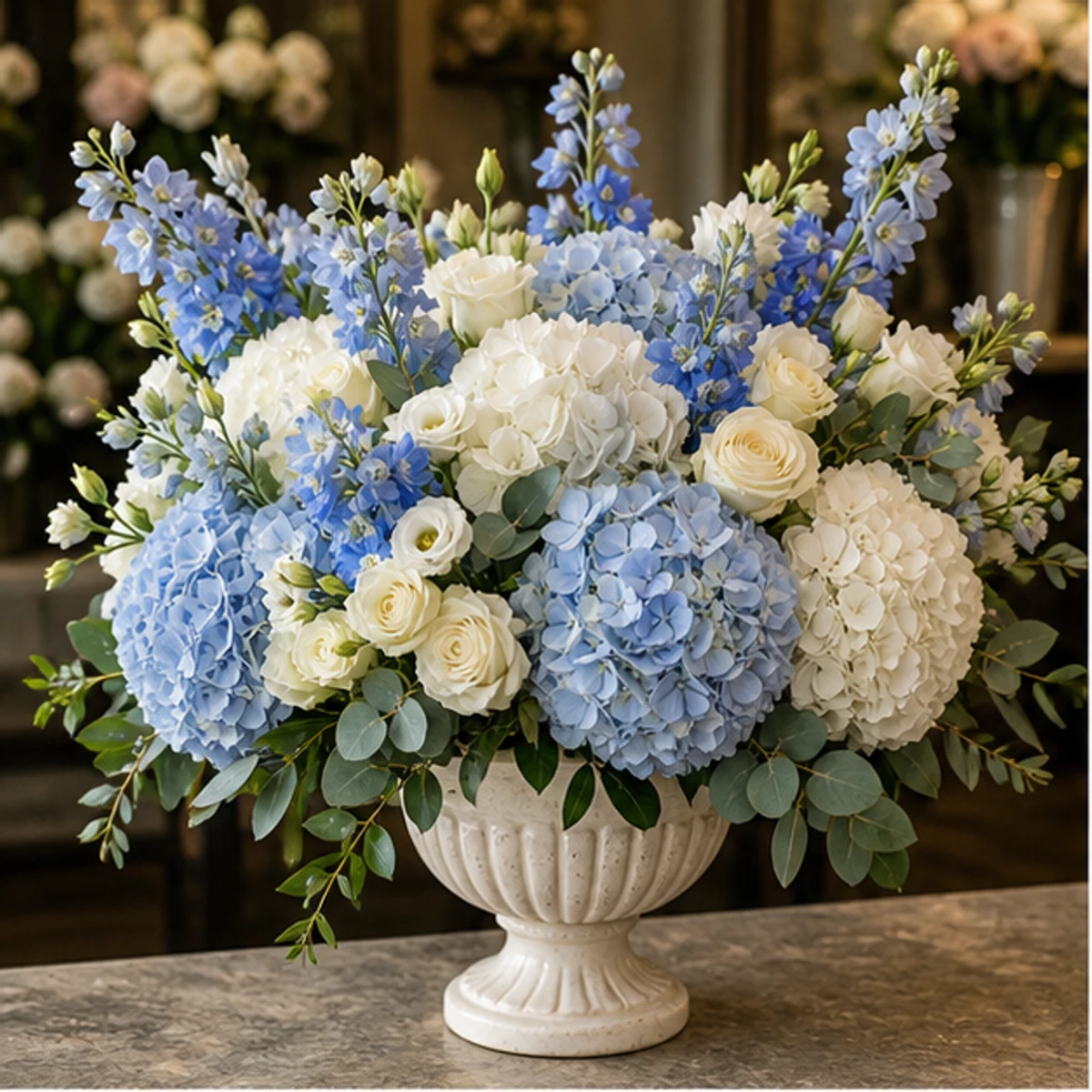 Aranjament Flori de Lux Versailles cu Hortensii și Delphinium - imagine 1