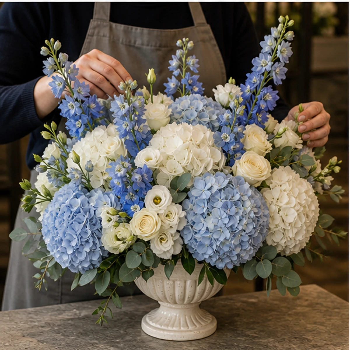 Aranjament Flori de Lux Versailles cu Hortensii și Delphinium - imagine 3
