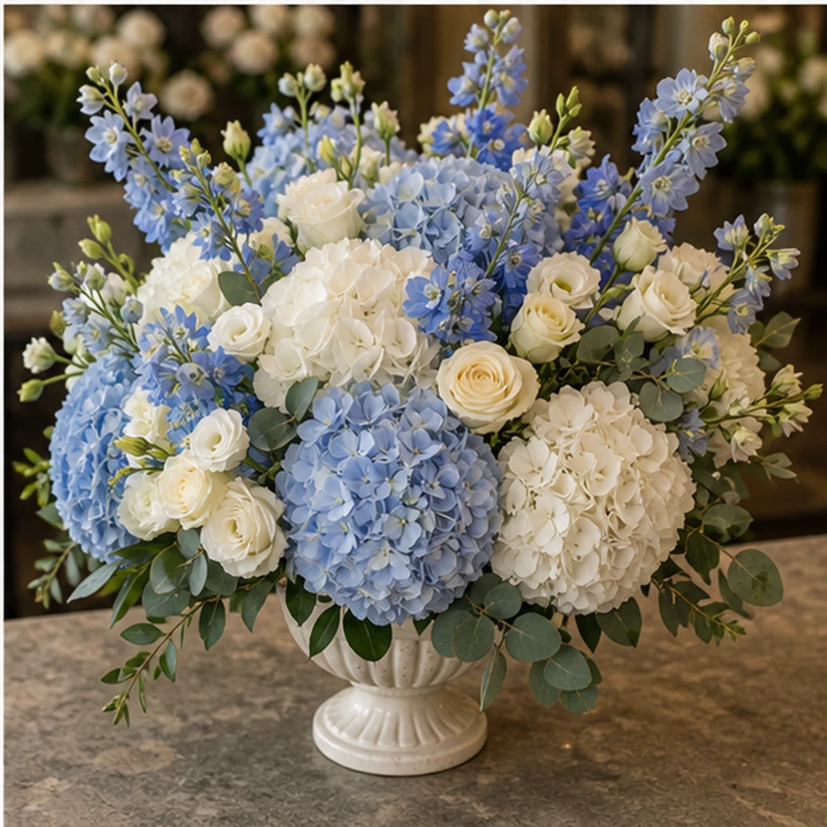 Aranjament Flori de Lux Versailles cu Hortensii și Delphinium - imagine 4