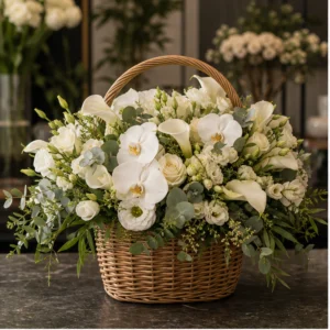 Coș Flori de Lux Signature Ivory cu Orhidee și Cale - imagine 1