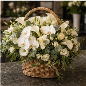 Coș Flori de Lux Signature Ivory cu Orhidee și Cale - imagine 4