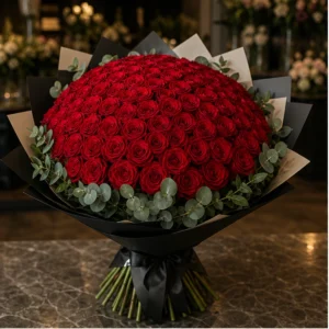 Buchet Flori de Lux Gala Red cu 75 Trandafiri și Eucalipt - imagine 1