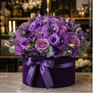 Cutie Flori de Lux Amethyst cu Lisianthus și Orhidee Mov - imagine 1