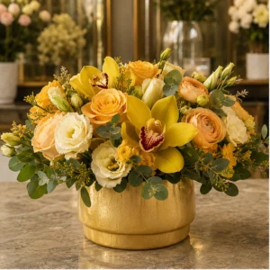 Aranjament Flori de Lux Golden Hour cu Cymbidium Galben și Trandafiri - imagine 1