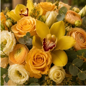 Aranjament Flori de Lux Golden Hour cu Cymbidium Galben și Trandafiri - imagine 2
