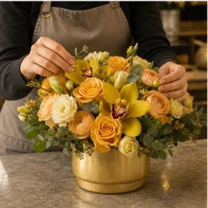 Aranjament Flori de Lux Golden Hour cu Cymbidium Galben și Trandafiri - imagine 3