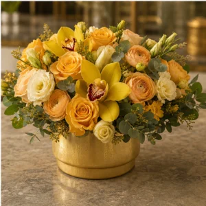Aranjament Flori de Lux Golden Hour cu Cymbidium Galben și Trandafiri - imagine 4